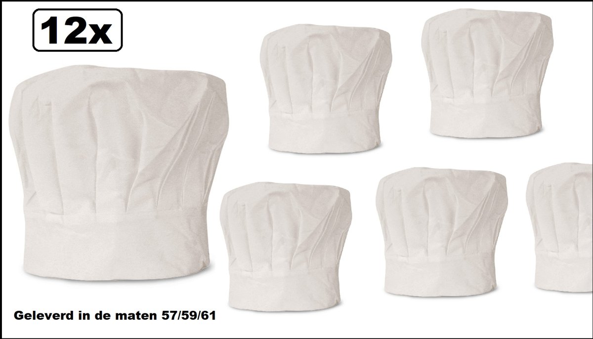 12x Koks muts wit in 3 verschillende maten - koken kok restaurant thema feest festival eten wit