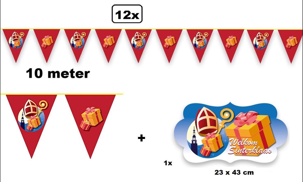 12x Vlaggenlijn Sinterklaas rood 10 meter - Sint Nicolaas Sint en Piet decoratie vlaglijn