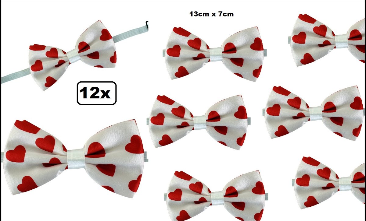 12x Vlinderstrik wit met rode hartjes - vlinder strik hart liefde valentijn love festival thema feest party