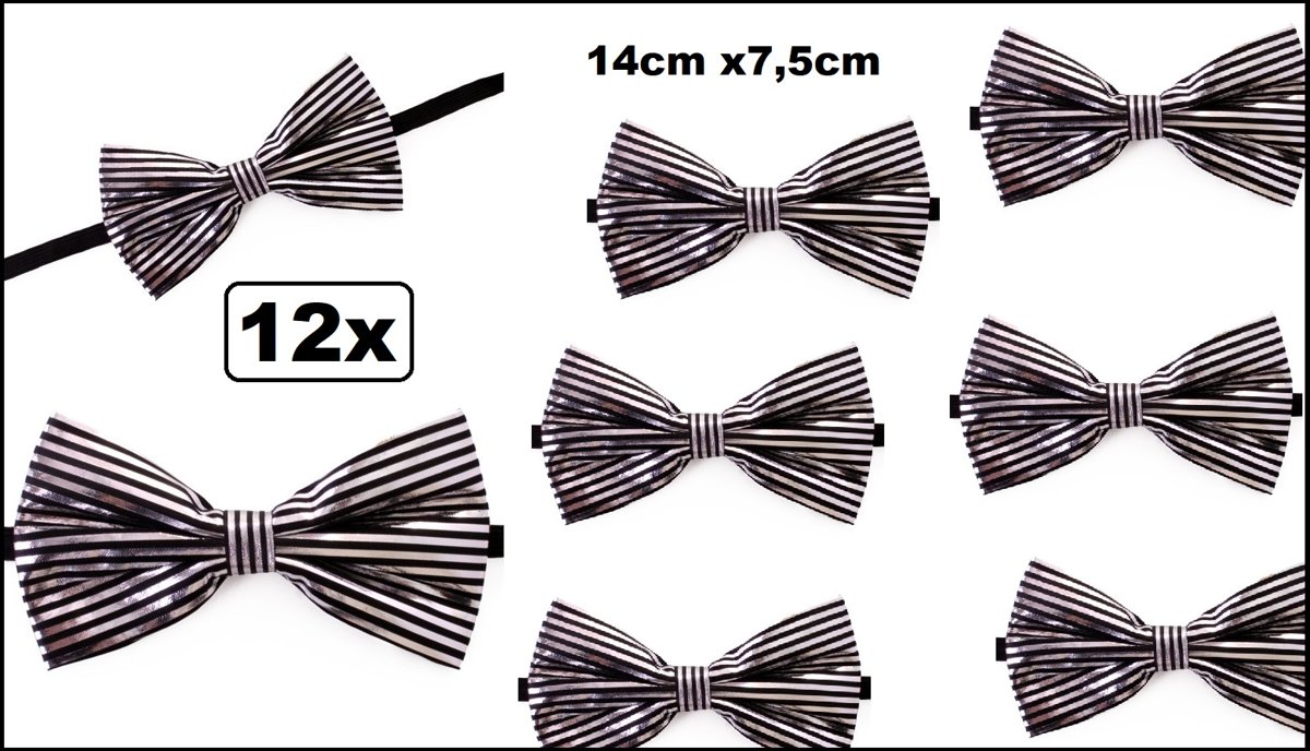 12x Vlinderstrik zilver met zwarte strepen - vlinder strikje gala huwelijk festival thema feest party