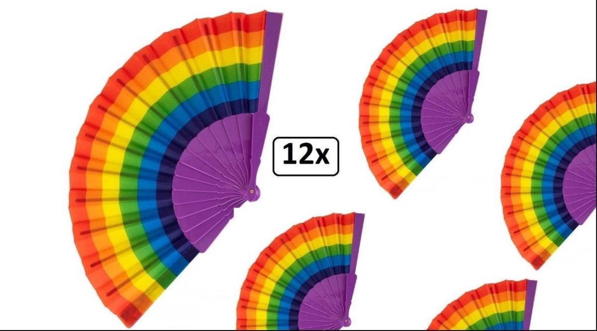 12x Waaier regenboog kleuren - carnaval thema feest gay pride party festival kleuren