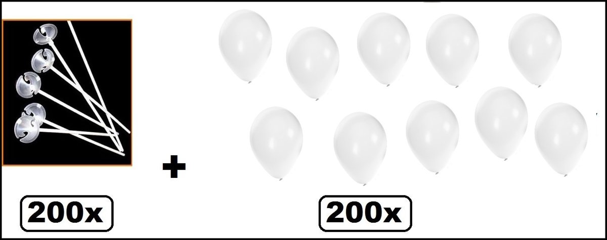 200x Ballonstokjes wit met 200 ballonnen wit