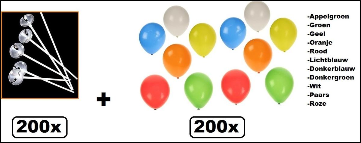 200x ballonstokjes wit met 200 ballonnen assortie