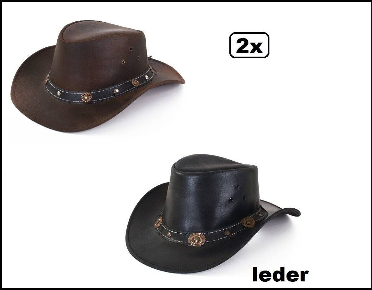 2x Cowboy hoed leder bruin en zwart