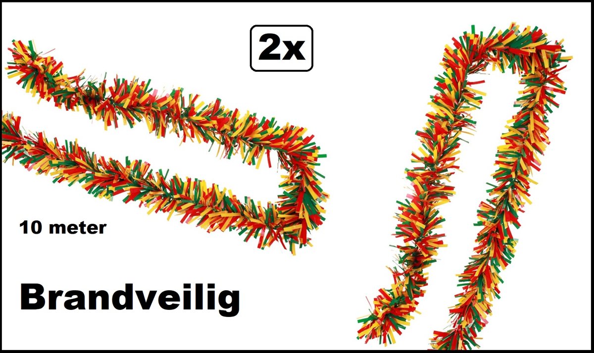 2x Guirlande rood/geel/groen 10 meter BRANDVEILIG - Carnaval thema feest optocht versiering decoratie