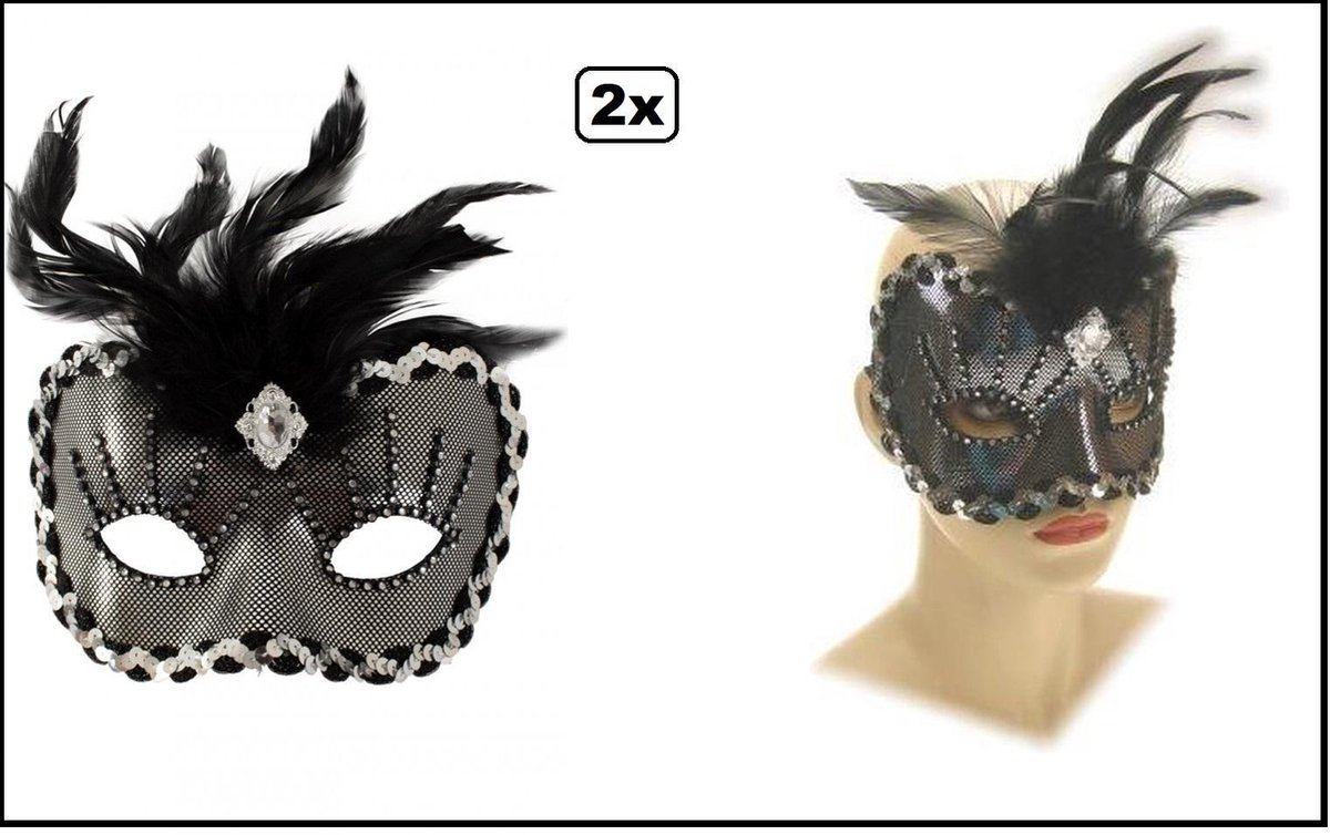 2x Oogmasker Luxe Roma zwart/zilver - Halloween thema feest party masker venetiaans horror