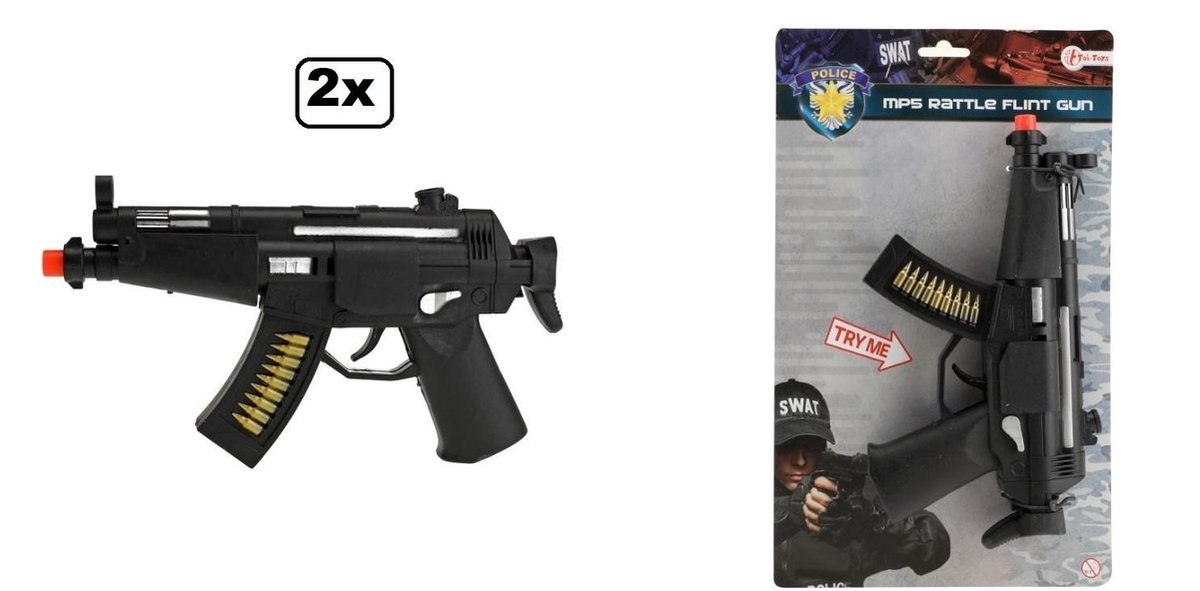 2x Politie Swat Mp5 Ratelgeweer zwart 24 cm - Swat FBI politie speelgoed geweer