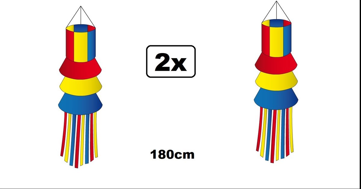 2x Wind sock rood/geel/blauw met slierten 180 cm - Carnaval kou wind regen optocht thema feest rood geel blauw holland