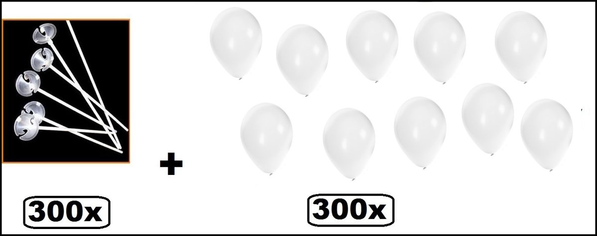 300x ballonstokjes wit met 300 ballonnen wit