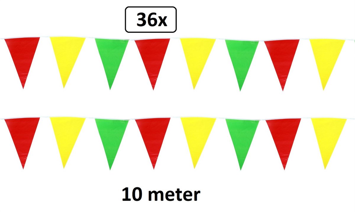 36x Vlaggenlijn rood/geel/groen 10 meter - Carnaval thema feest festival versiering vlaglijn