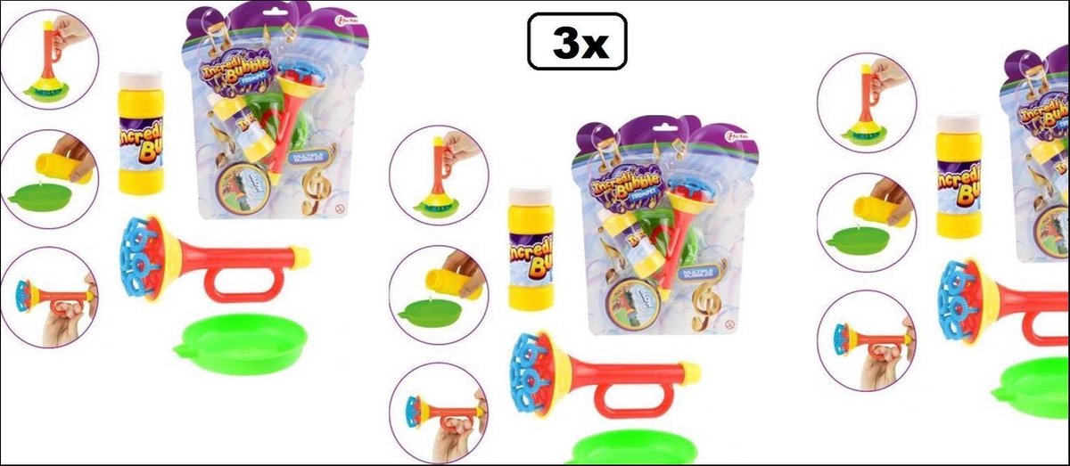 3x Bellenblaas Trompet 3-delig - bellen blaas machine fun spel en sport muziek bellenblaas