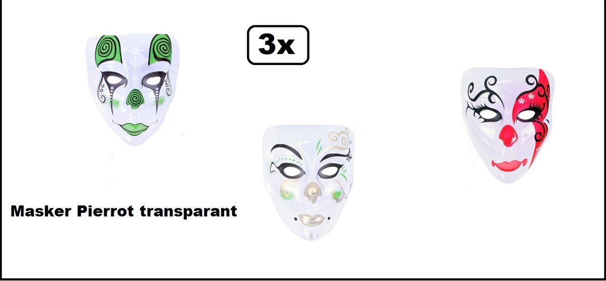 3x Masker pierrot transparant - festival thema feest halloween uitdeel wanddeco