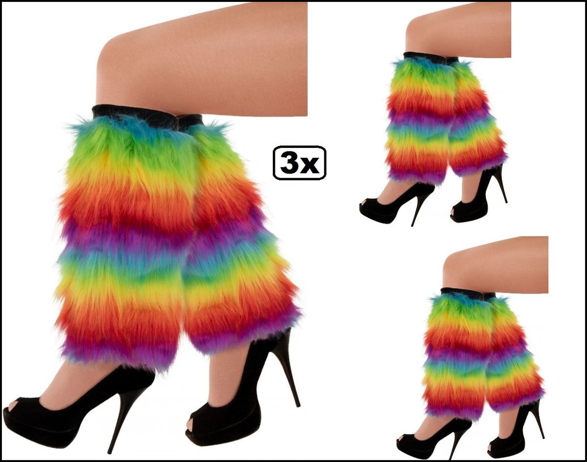 3x Paar beenwarmers pluche regenboog