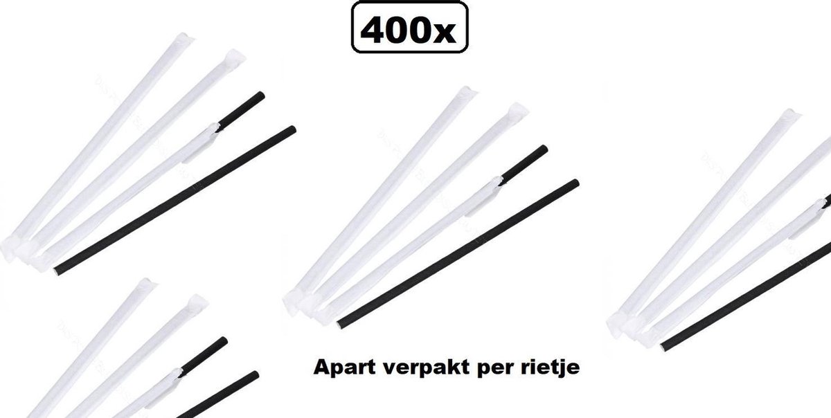 400x BIO Papieren rietjes 6mm x 200mm zwart per stuk verpakt - Rietje milkshake drinken limonade