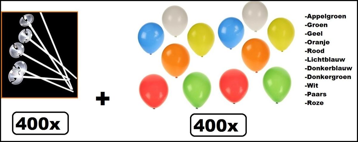 400x ballonstokjes wit met 400 ballonnen assortie