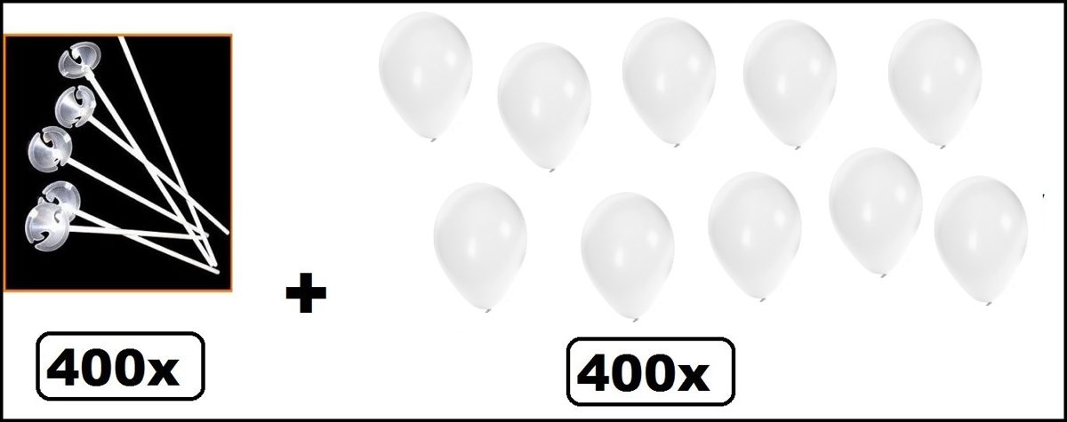 400x ballonstokjes wit met 400 ballonnen wit