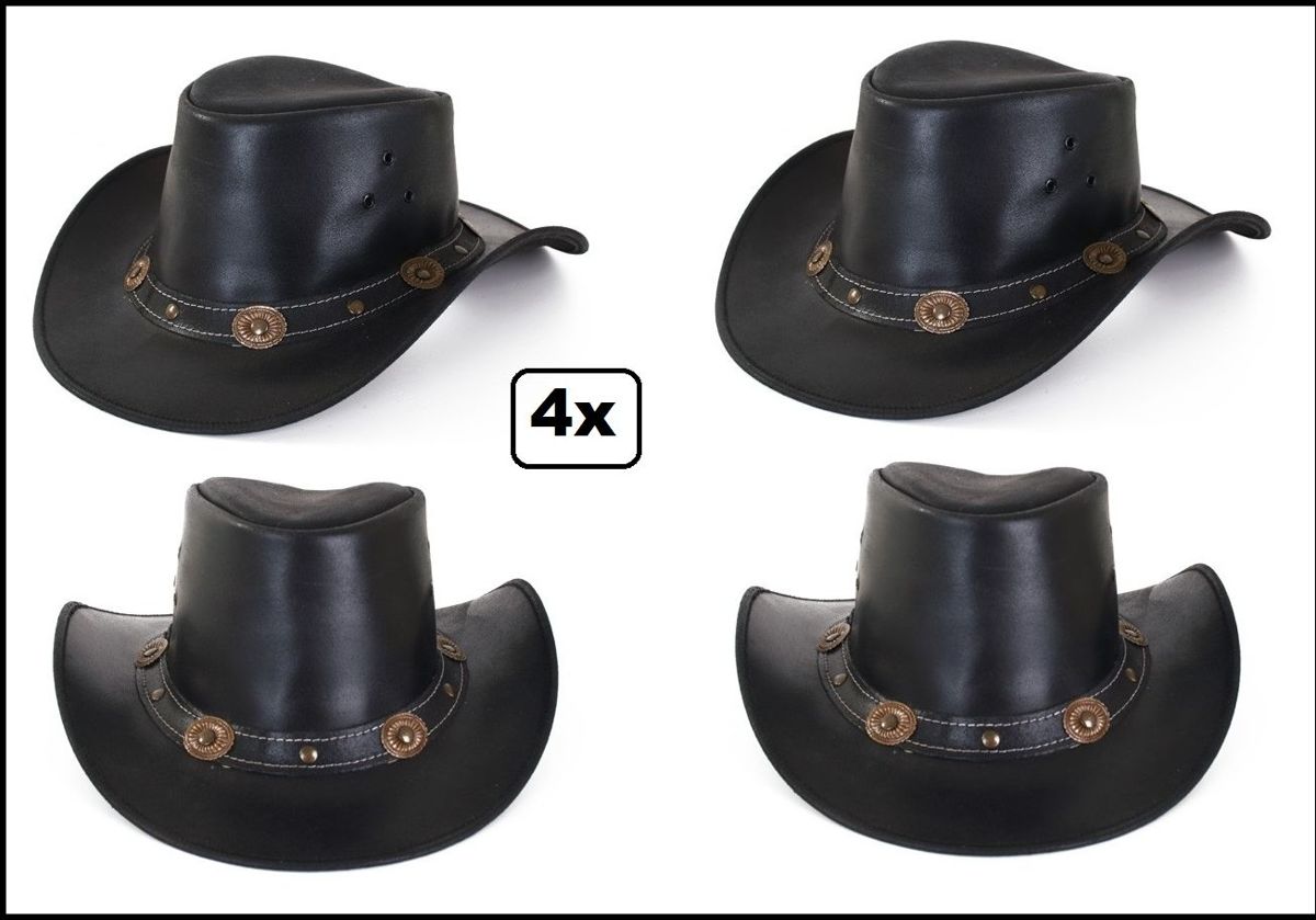 4x Cowboy hoed leder zwart