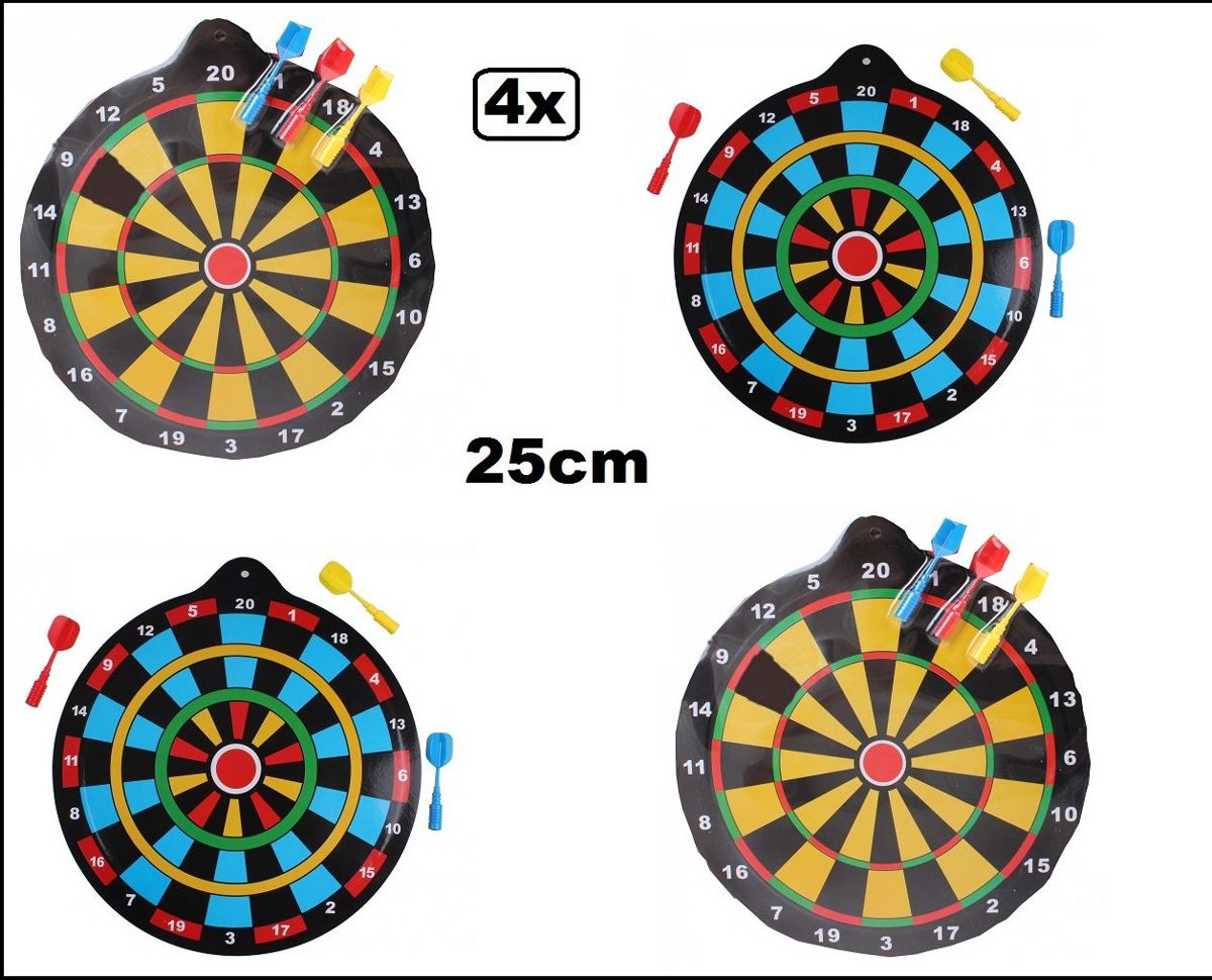 4x Magnetisch dartbord 25 cm met 3 pijlen assortie