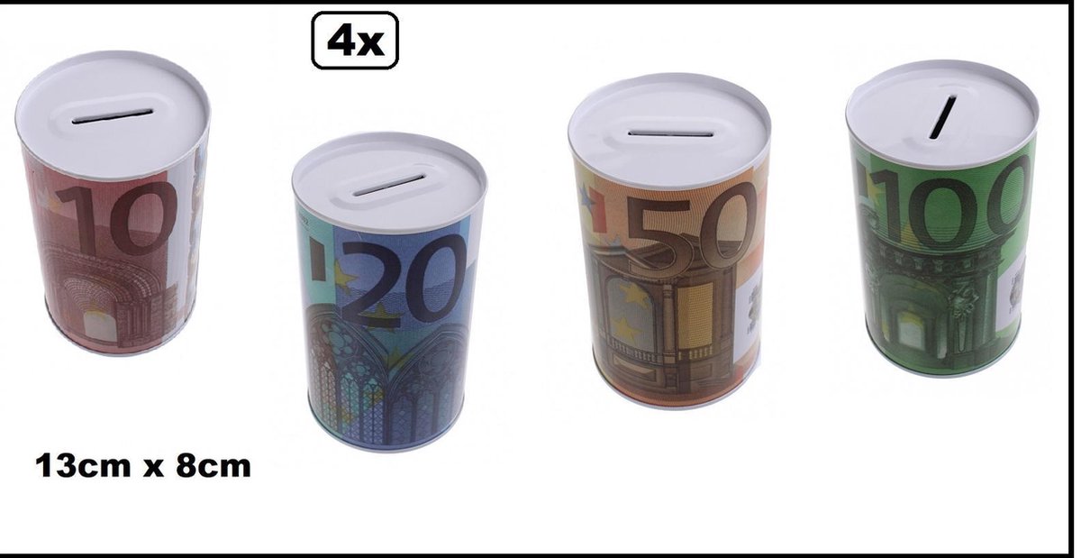 4x Metalen spaarpot met eurobiljet 10 euro 20 euro 50 euro en100 euro 13cmx8cm - sparen geld money kado spaar pot