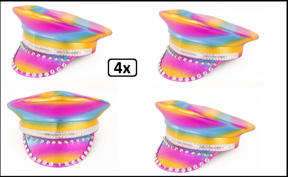 4x Pet regenboog metallic met stenen luxe - carnaval thema feest festival gay pride hoofddeksel evenement