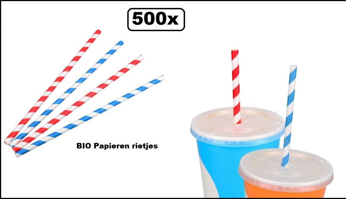 500x BIO Papieren rietjes 6mm x 200mm Stripes