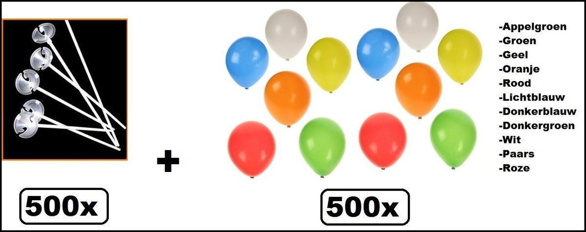 500x ballonstokjes wit met 500 ballonnen assortie