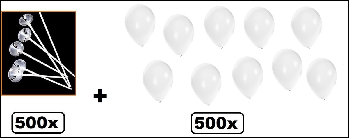 500x ballonstokjes wit met 500 ballonnen wit