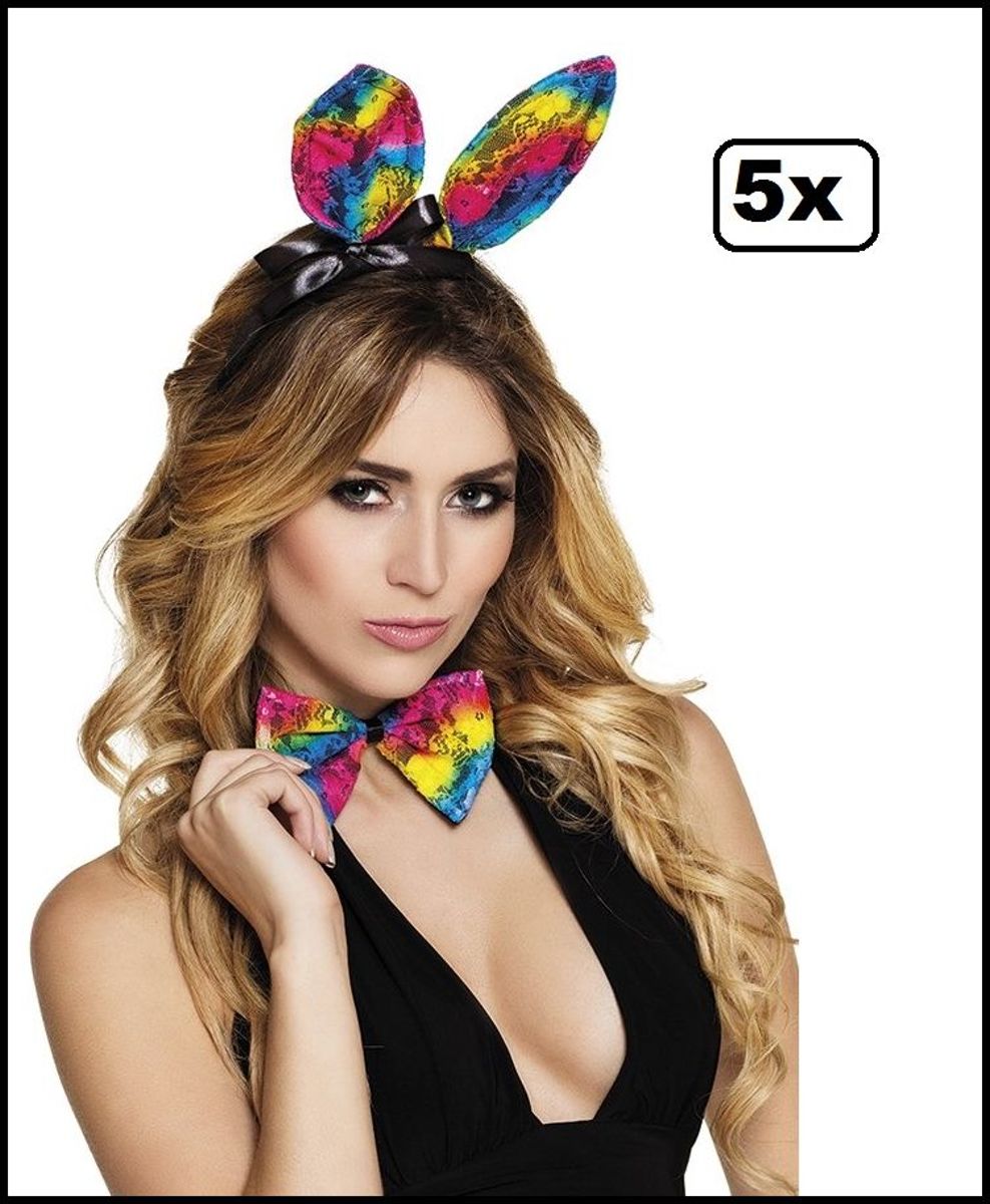 5x Bunny set Regenboog tiara en strik