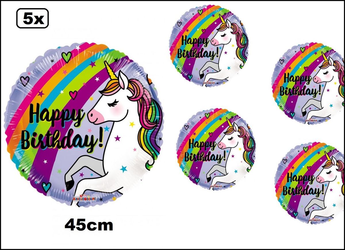 5x Folie ballon Happy birthday Eenhoorn 45cm