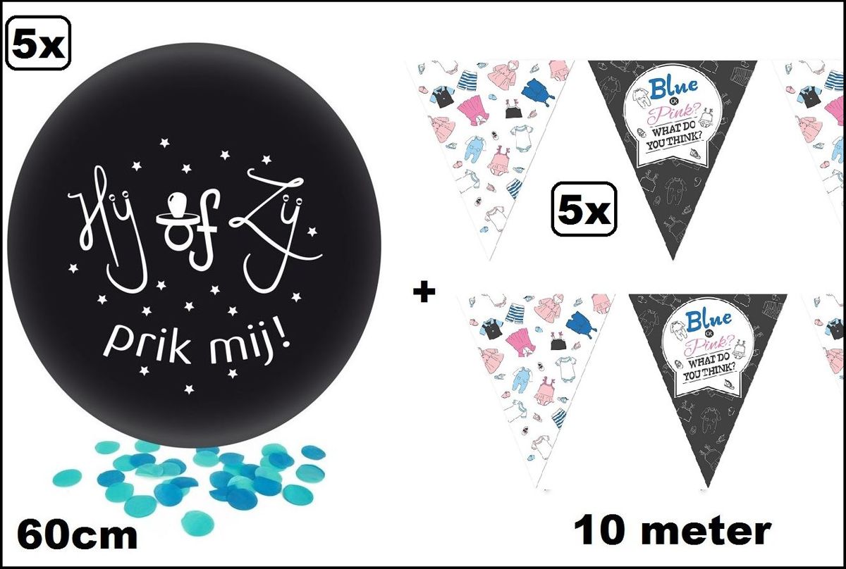 5x Gender reveal ballon met blauwe confetti + 5x vlaggenlijn gender reveal 10 meter