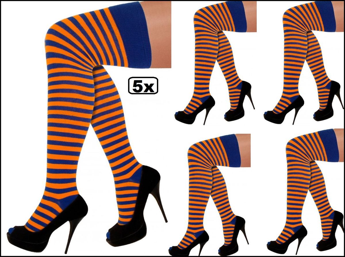 5x Paar overknie gestreept oranje/blauw