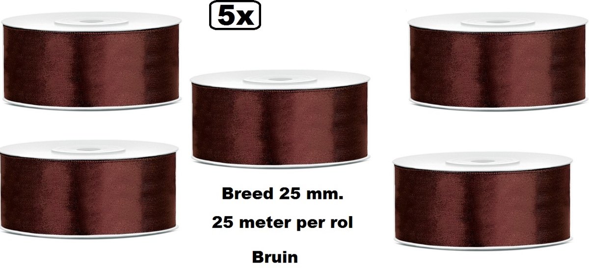 5x Rol Satin Ribbon lint 25mm bruin 25 meter