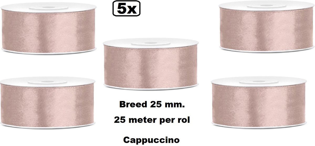 5x Rol Satin Ribbon lint 25mm cappuccino 25 meter