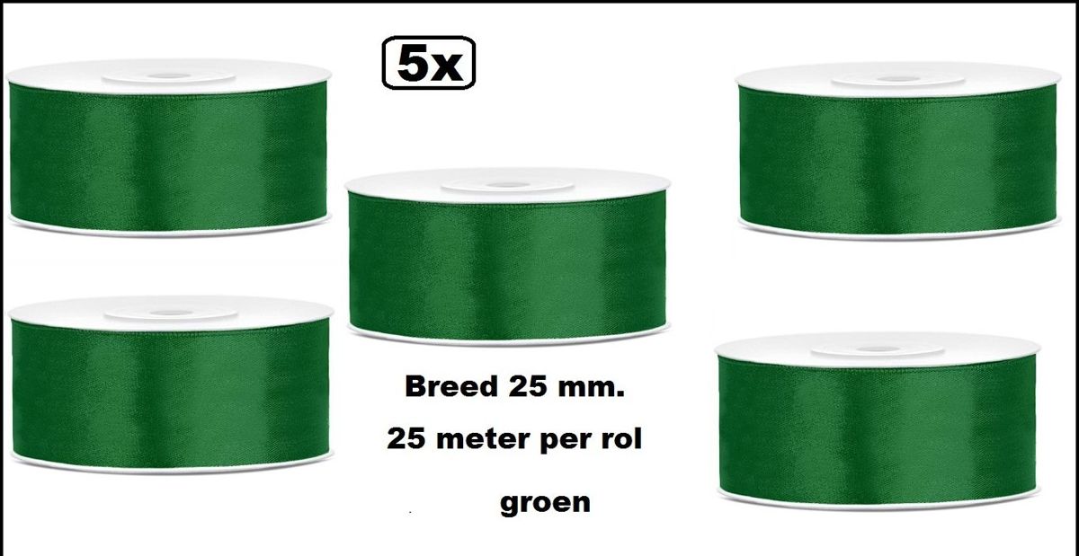 5x Rol Satin Ribbon lint 25mm groen 25 meter