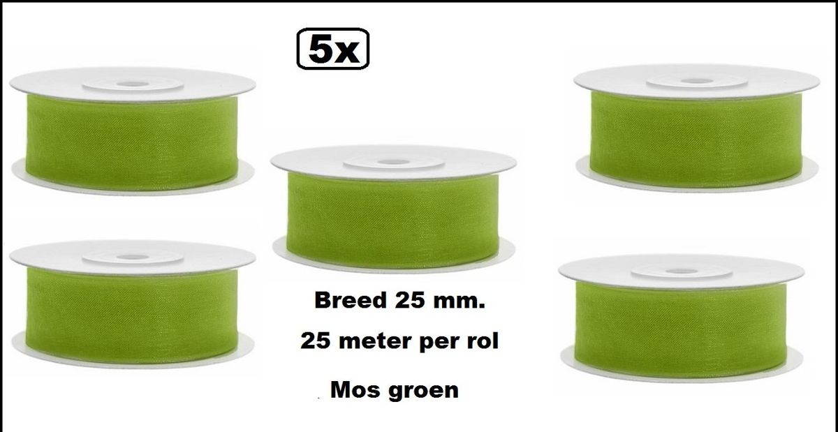 5x Rol Satin Ribbon lint 25mm mos groen 25 meter