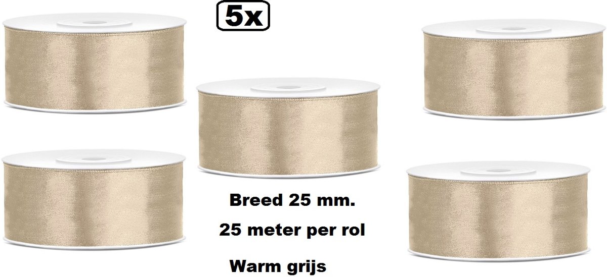 5x Rol Satin Ribbon lint 25mm warm grijs 25 meter