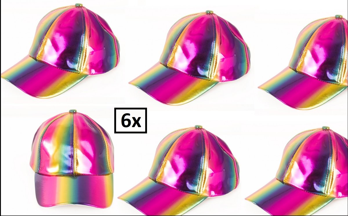 6x Baseball cap regenboog metallic - carnaval festival regenboog thema feest gay pride fout en stout pet cap hoofddeksel