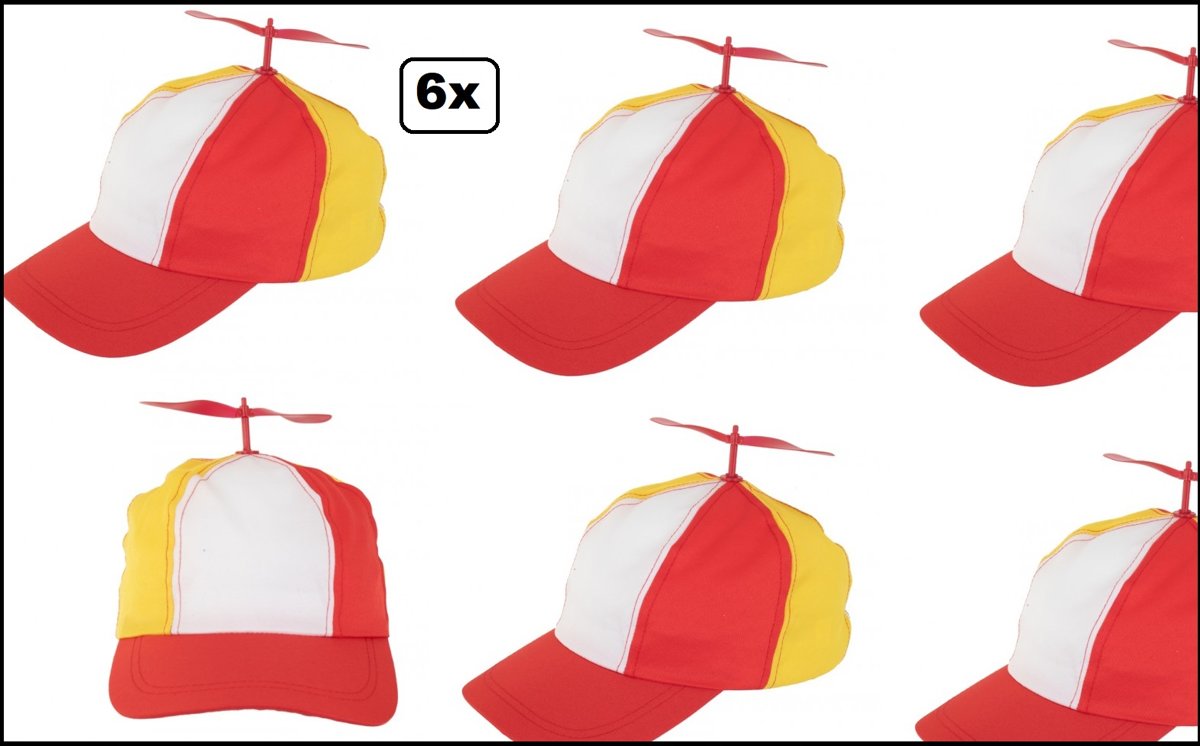 6x Baseball pet met propeller multicolour rood wit geel - propellor pet hoofddeksel festival thema feest verstelbaar verjaardag