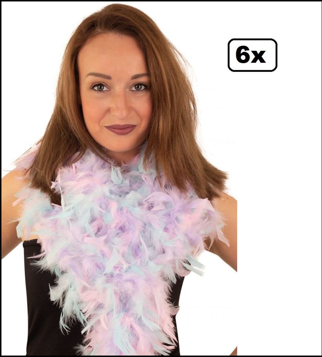 6x Boa pastel paars/roze/blauw 180 cm - carnaval veren sjaal pastel festival feest party