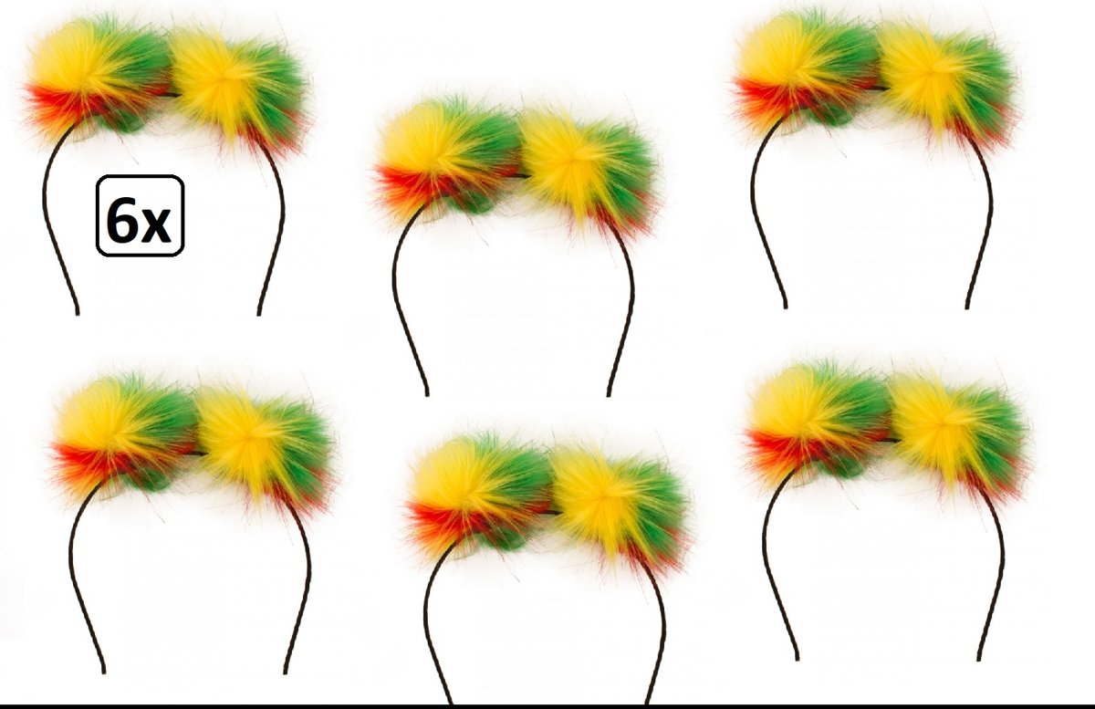 6x Diadeem pluche bol rood/geel/groen - carnaval thema party hoofddeksel haarband rood geel groen optocht