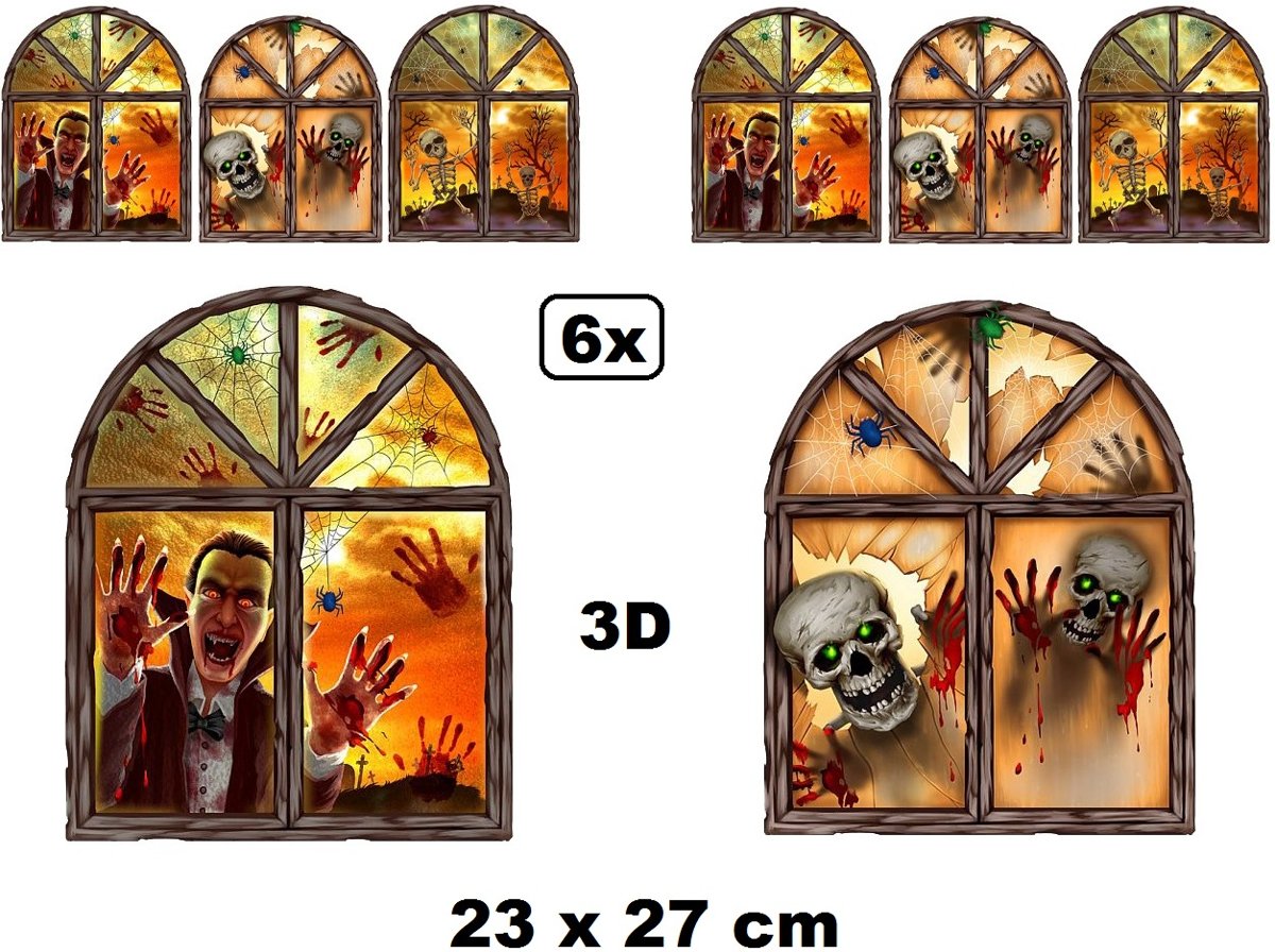 6x Halloween 3D raamstickers 23 x 27 cm