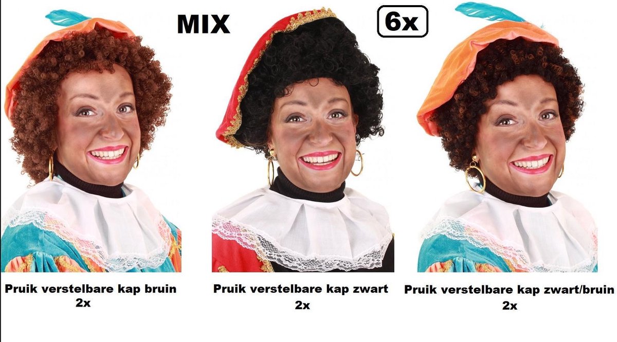 6x Kwaliteit Piet pruik zwart-bruin-zwart/bruin met verstelbare kap - Piet pruiken Sinterklaas feest