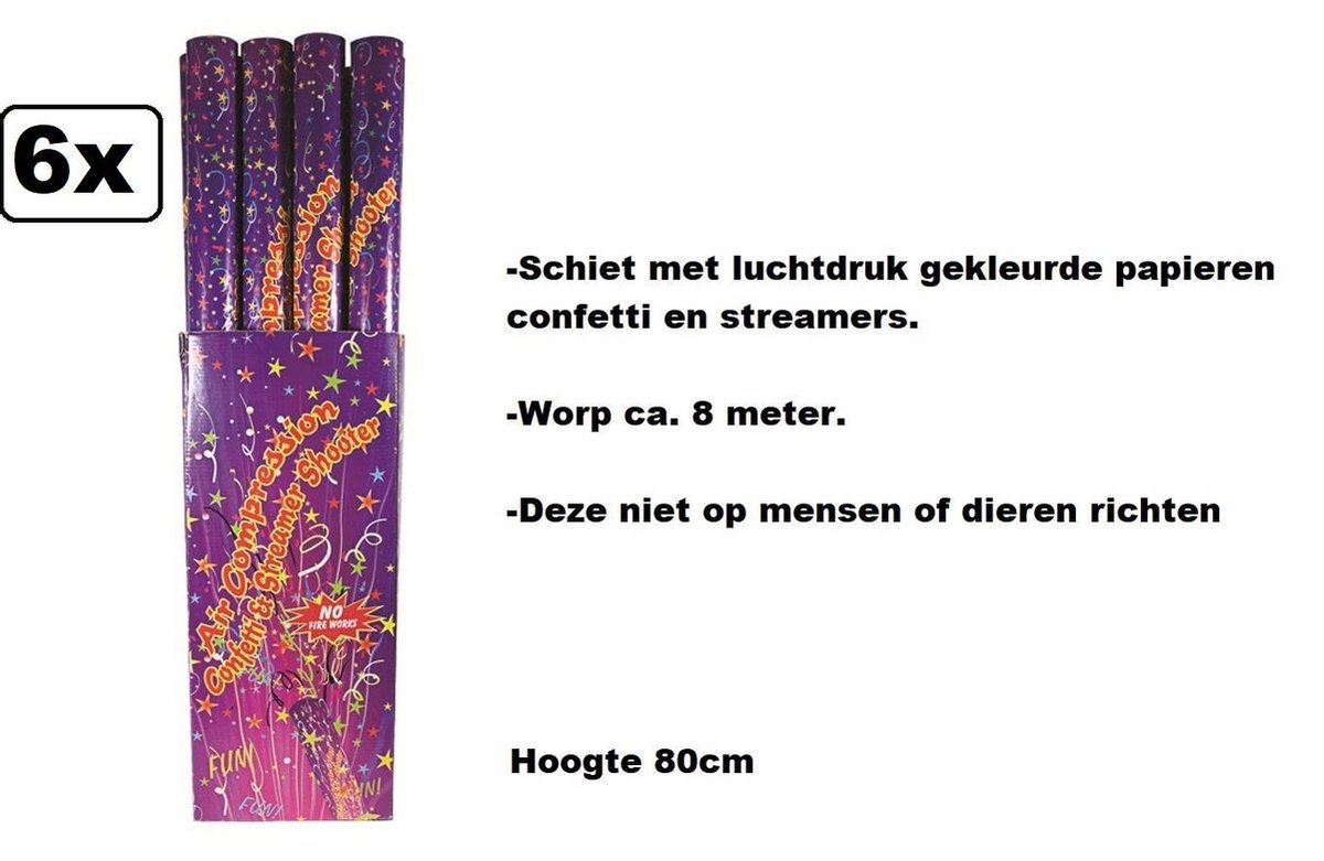 6x Oud en nieuw Super partyshooter multi 80 cm - Oudjaar nieuwjaarsdag thema feest popper shooter kanon kerst festival