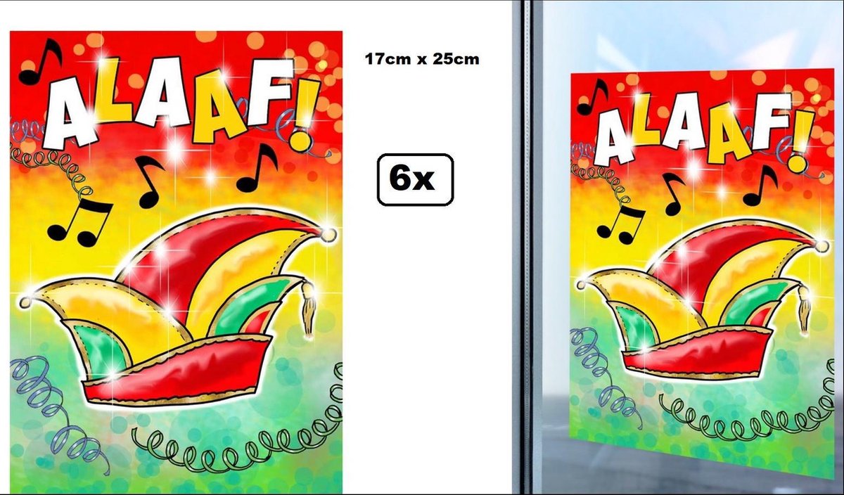 6x Raam sticker Alaaf 17cm x 25cm - Carnaval raamsticker adhesive themafeest party fun