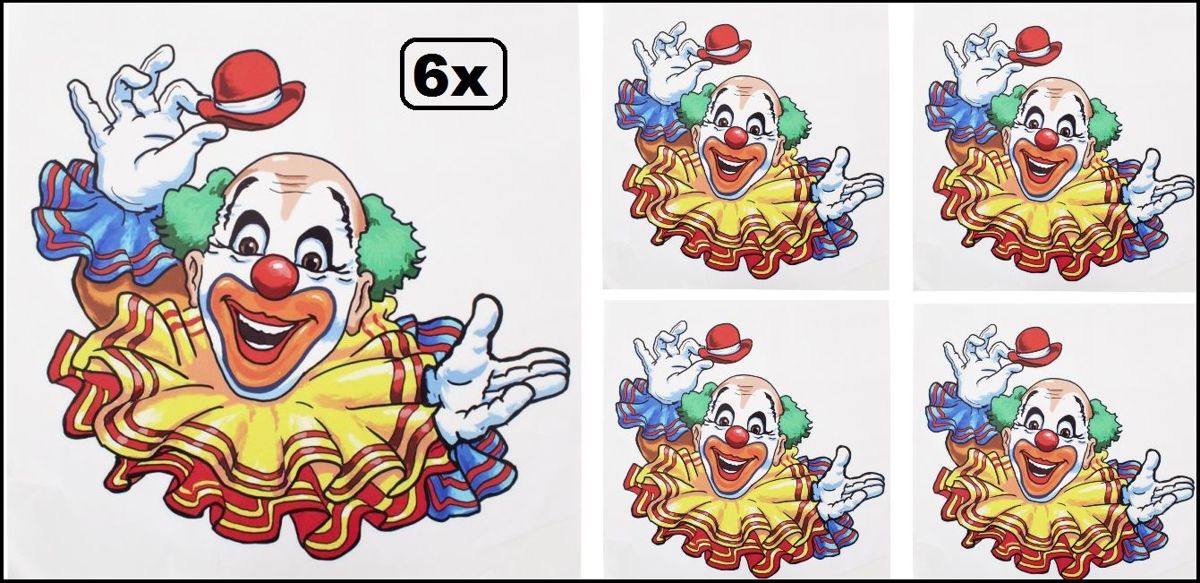 6x Raamsticker clown 35 x 40 cm