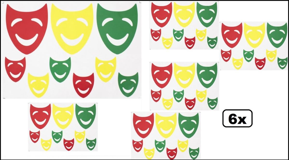 6x Raamsticker maskers rood/geel/groen 35 x 40 cm.