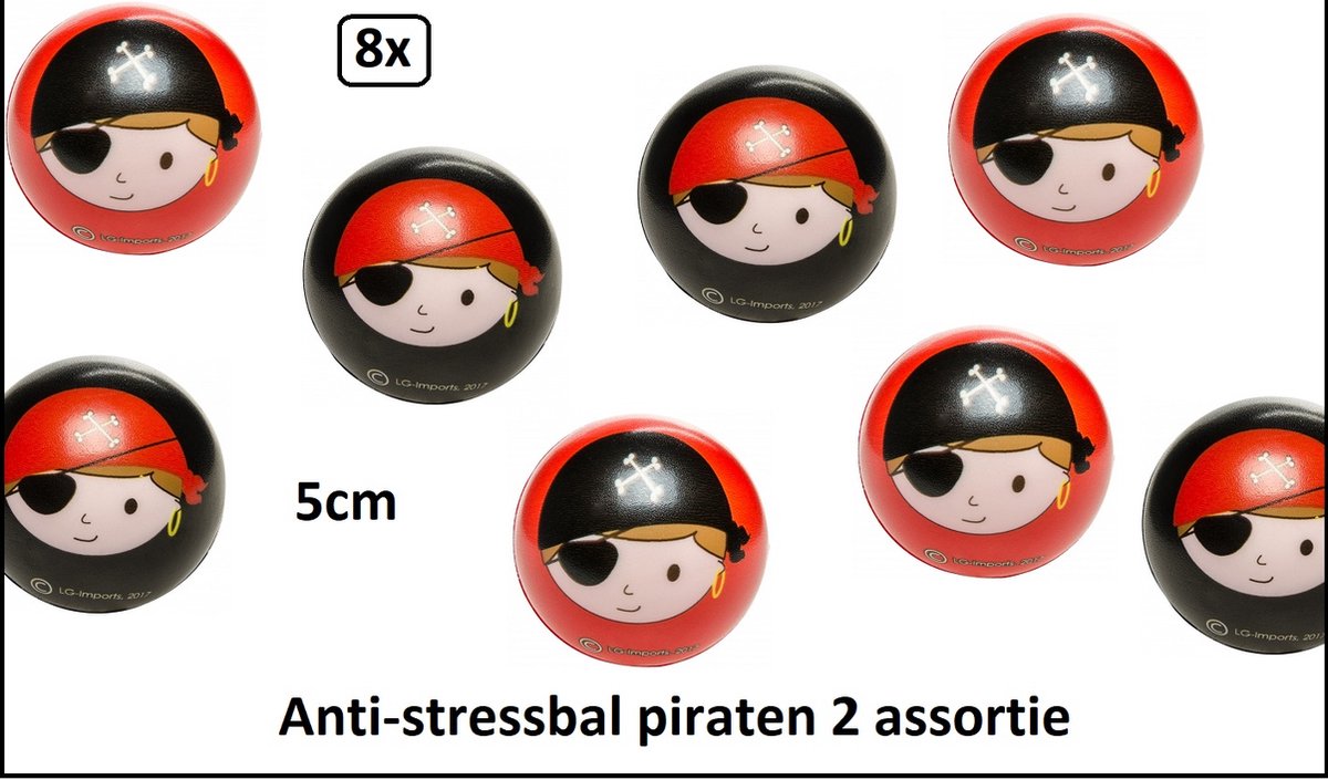 8x Anti-stressbal Piraten 5,5 cm rood en zwart - Stress bal speel bal uitdeel verjaardag thema feest