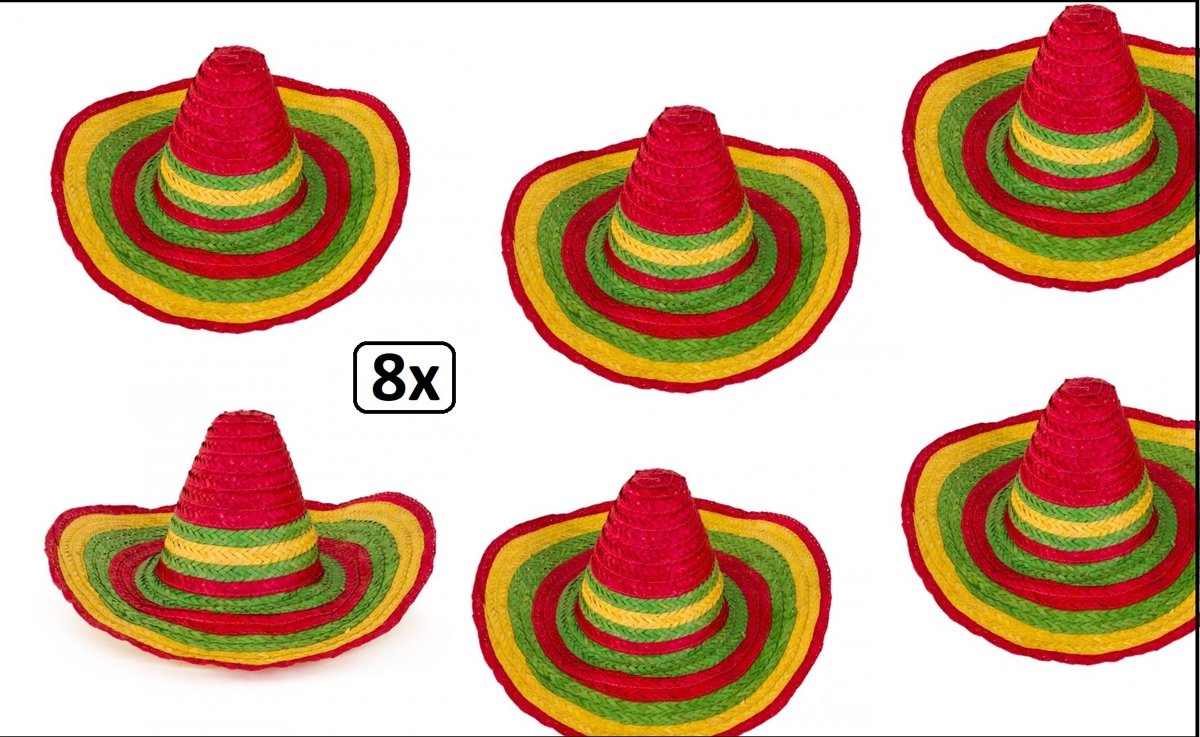 8x Sombrero Carnaval multicolor - mexico carnaval mexicaan thema party hoed hoofddeksel optocht feest landen