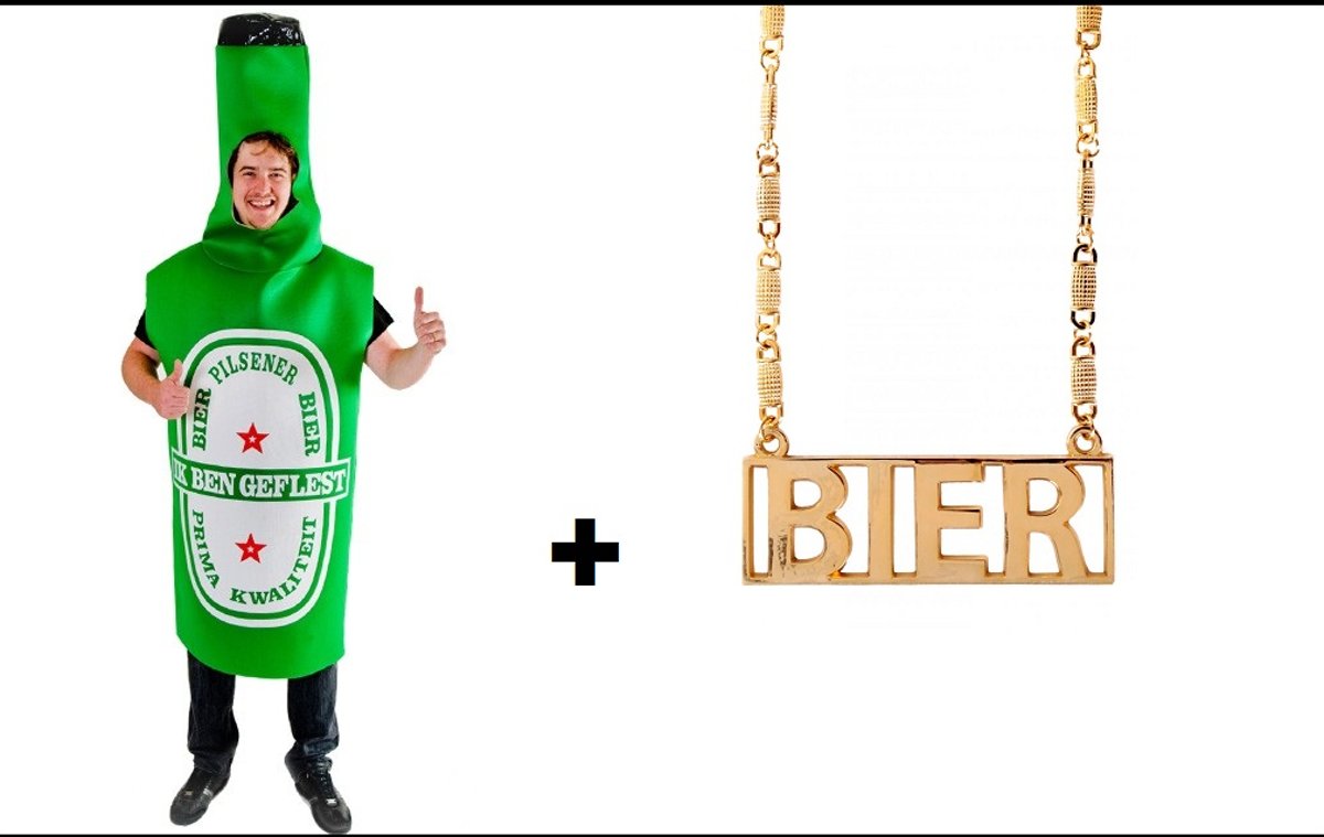 Bierfles pak kostuum + bier ketting - bier fles bierfeest thema party carnaval apres ski oktoberfest vrijgezellen feest grappig en fout festivalpak