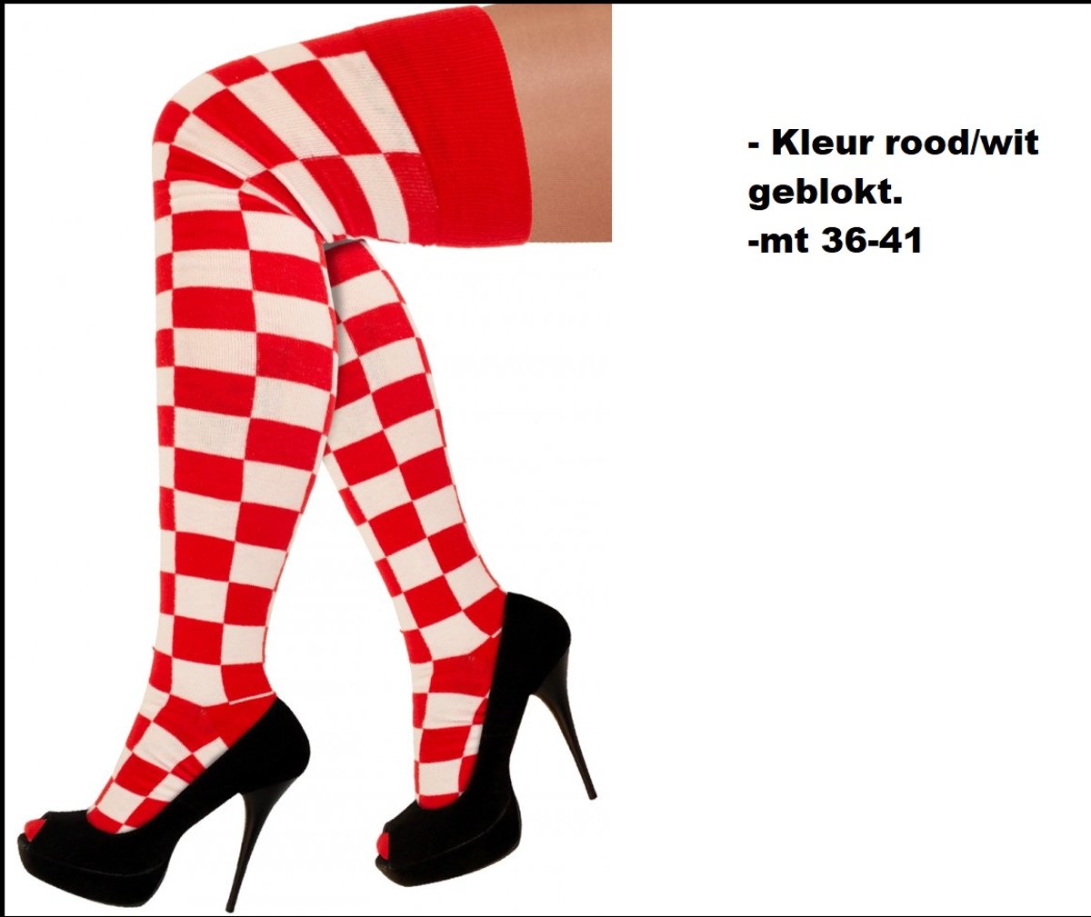 Lange sokken rood/wit geblokt  - maat 36-41 - kniekousen rood wit overknee kousen sportsokken cheerleader carnaval voetbal hockey unisex festival